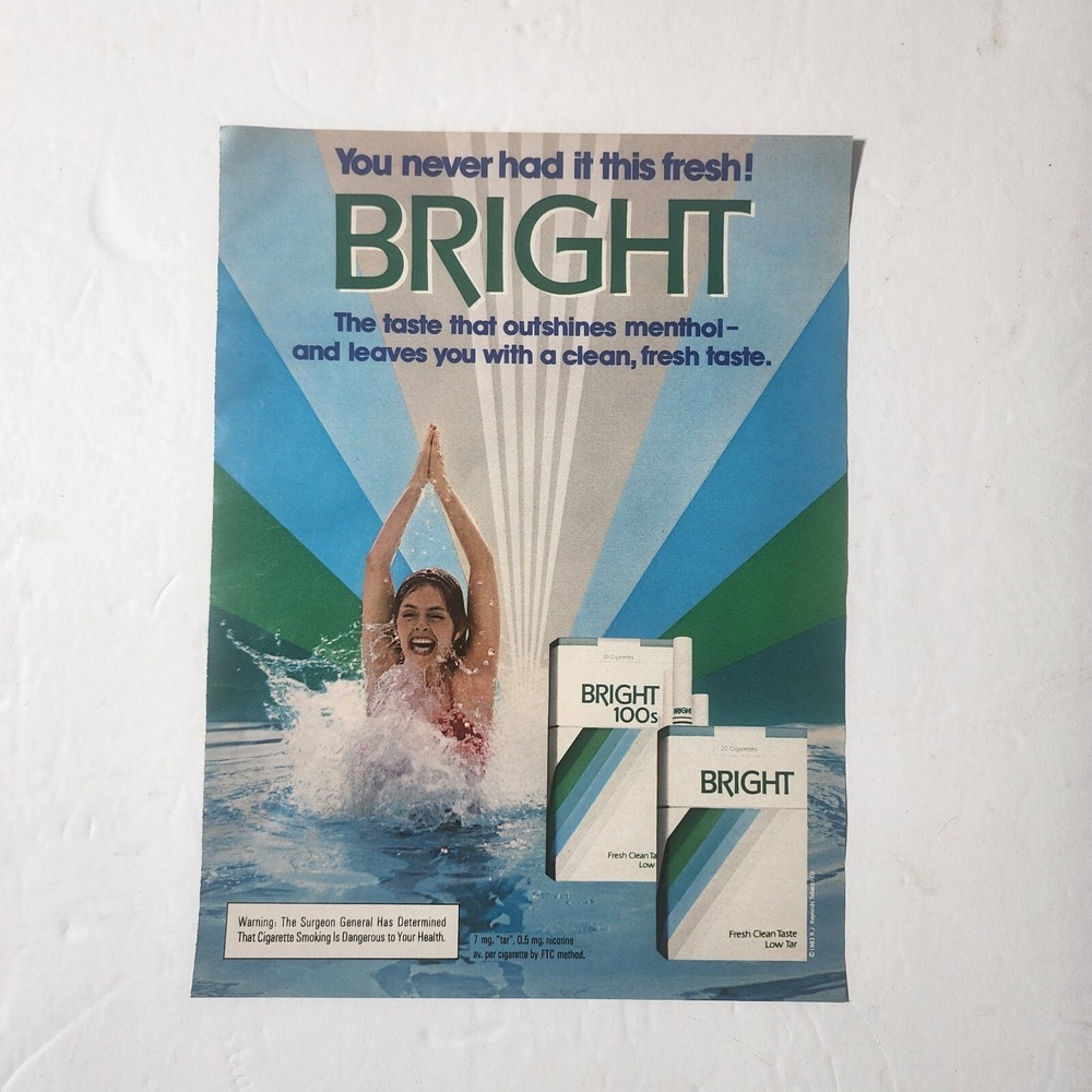 Vintage Print Ad BRIGHT cigarettes woman model swimming clipping 1983 8x10.5